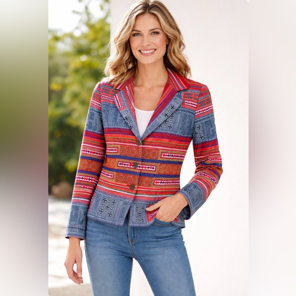 Coldwater Creek Blue Orange  Woven Southwest Aztec Blazer Jacket Women’s 12P